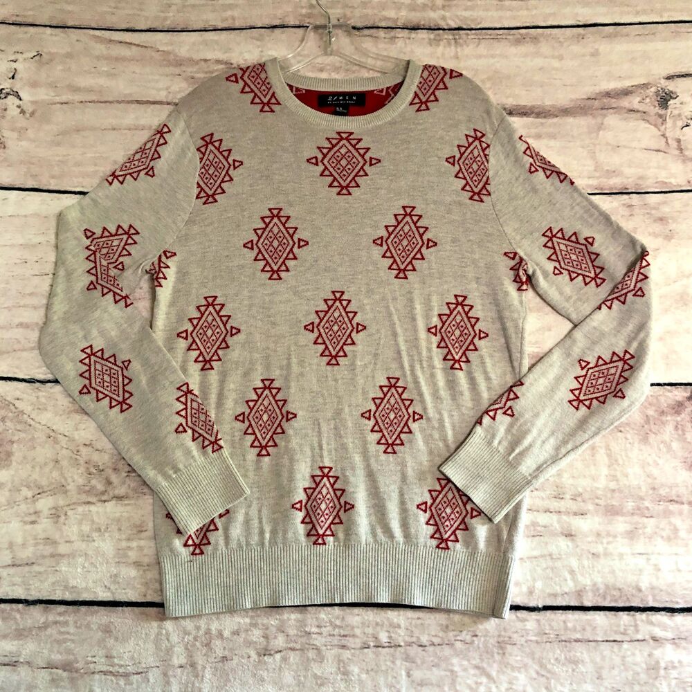 Forever 21 Mens Sweater M Beige Red Aztec Tribal Native Long Sleeve Crew Neck
